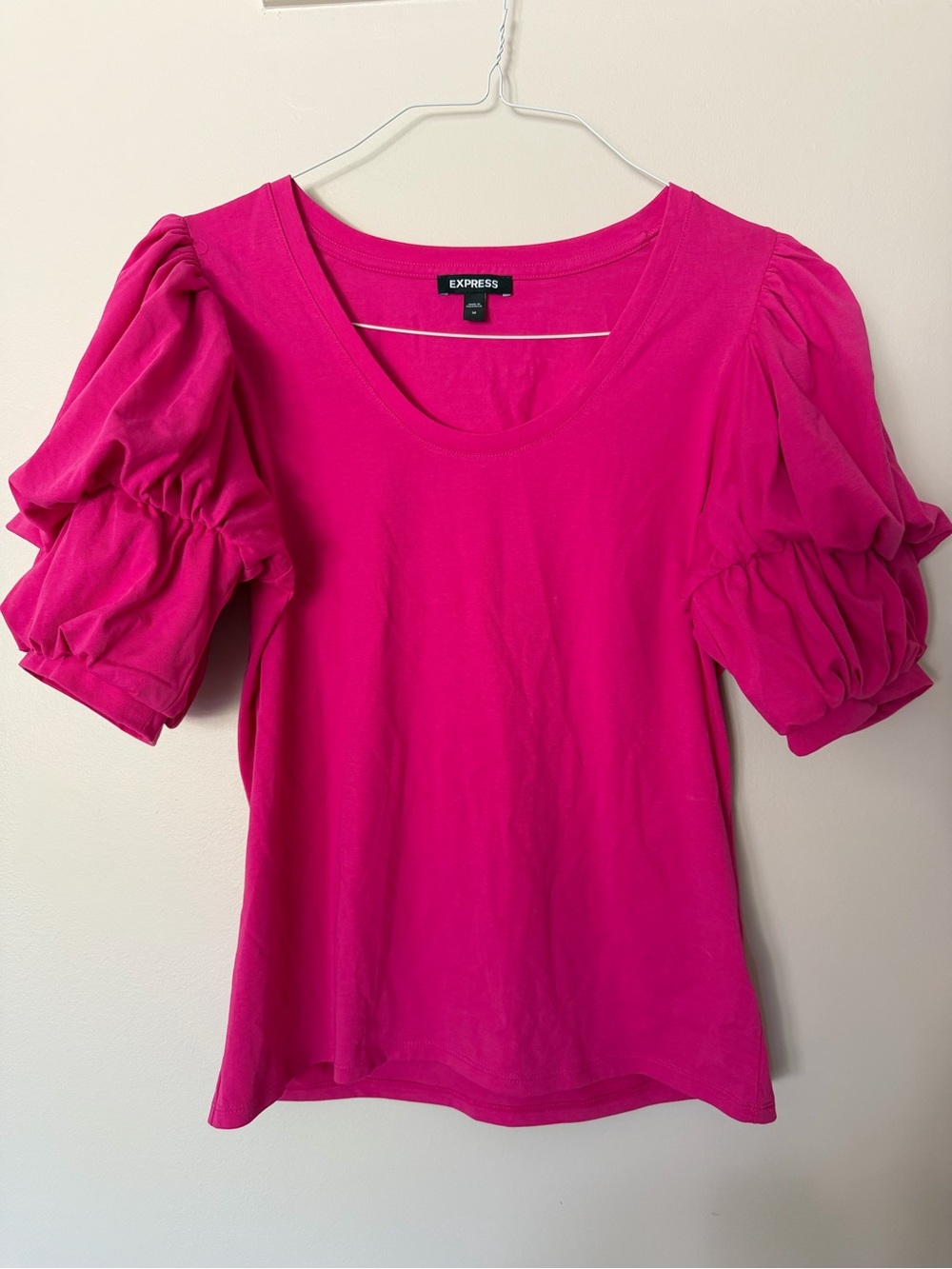 Express Women's Puff Sleeve Scoop Neck Top - Bright Pink